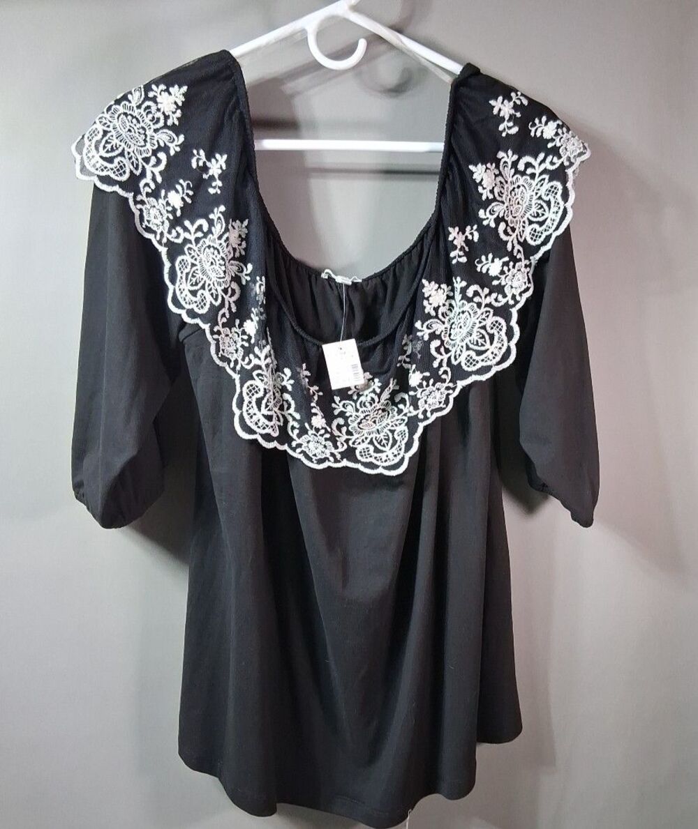 Maurices Black Plus Size Top White Lace‎ Embroidered Portrait Collar 2X  NWT
